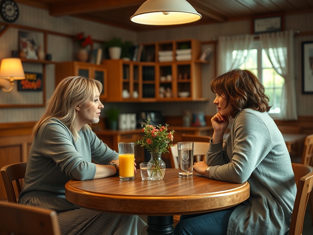 Две женщины беседуют за столом в уютном кафе, перед ними напитки и цветы. Атмосфера спокойная и дружеская.