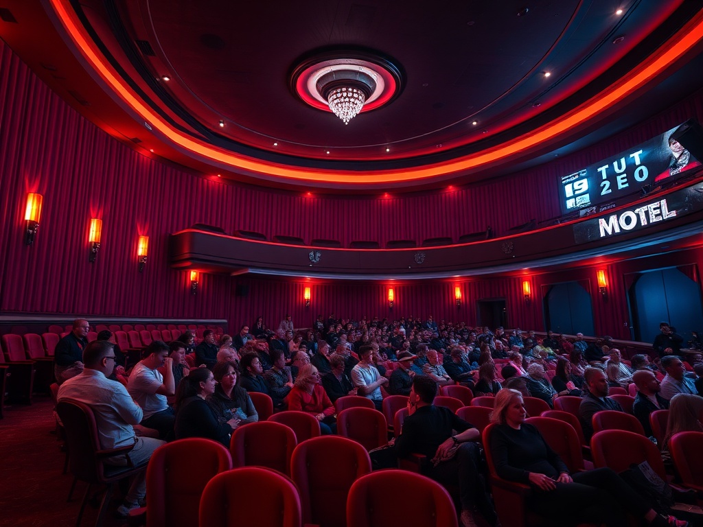 В кинотеатре с красными стенами и креслами много зрителей, ожидающих начало показа. Светильники сверкают.