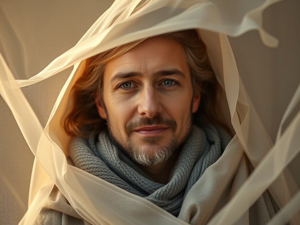 Портрет мужчины с длинными волосами, обмотанными светлой тканью, с теплой улыбкой и выразительными глазами.