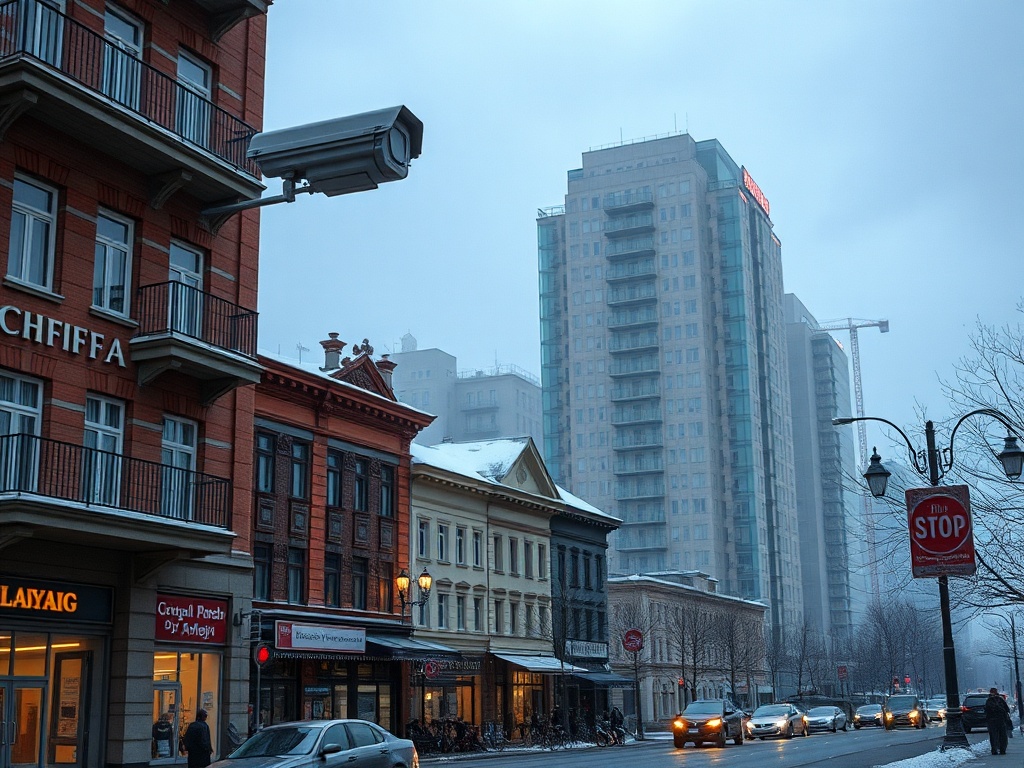 Улица в городском районе с историческими зданиями и современными высотками под холодным небом.