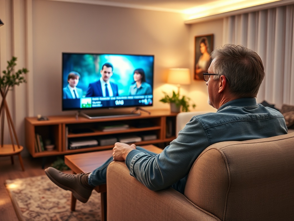 Мужчина смотрит телевизор в уютной комнате, на экране - кадр с несколькими персонажами в деловых костюмах.