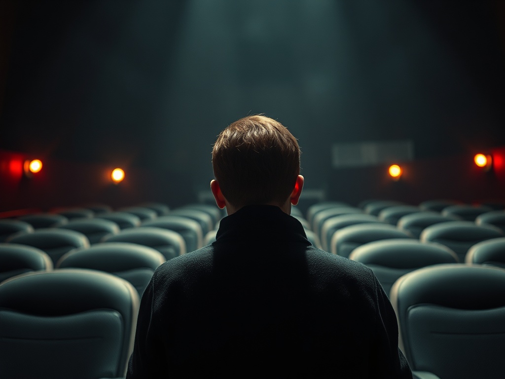 Смотритель сидит в пустом кинотеатре, освещенном тусклым светом, погружён в размышления.