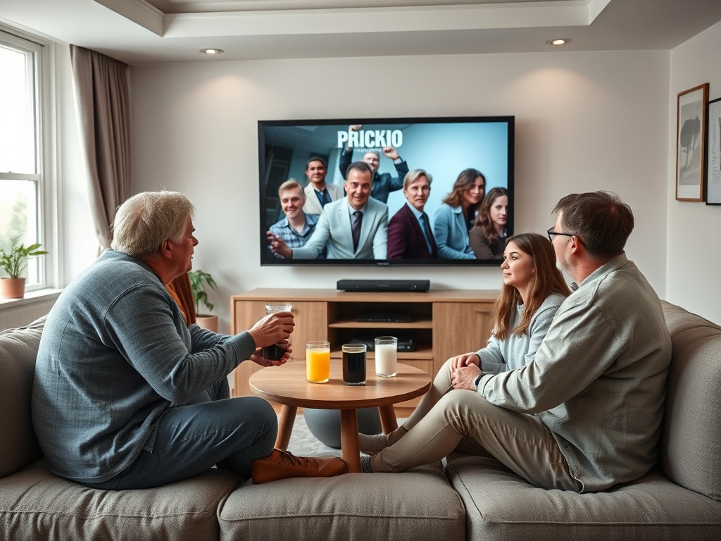 Четыре человека смотрят телевизор, наслаждаясь напитками в уютной комнате. На экране — кадр из фильма.