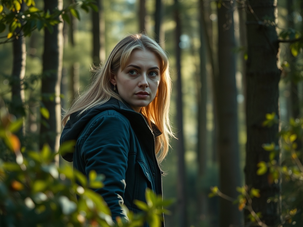 На фоне леса молодая девушка с длинными светлыми волосами смотрит через плечо.