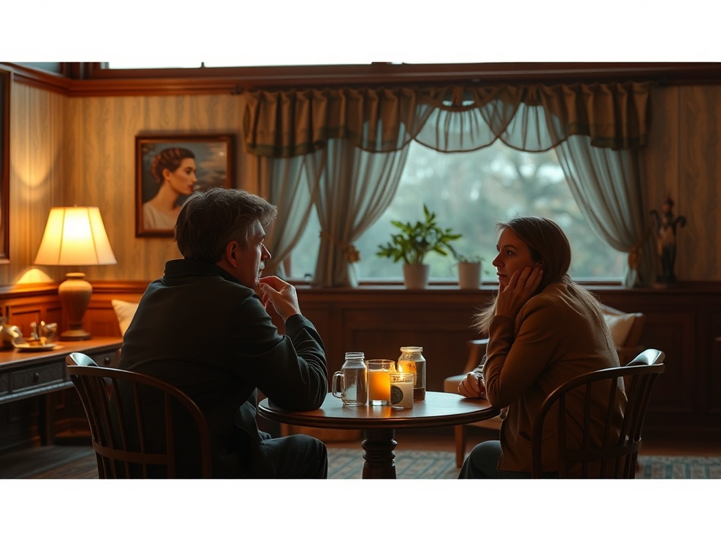 Два человека за столом в уютной комнате, разговаривают, на столе свечи и банки с напитками.