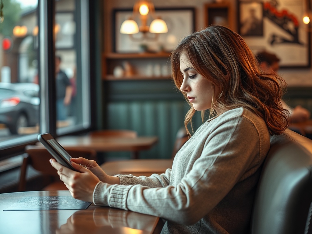 Молодая женщина сидит в кафе, читая что-то на планшете, рядом с окном. Вокруг уютная обстановка.