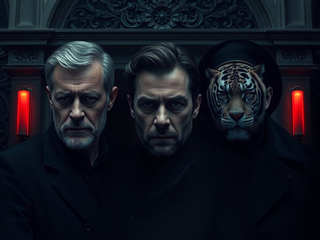 Трое мужчин в черной одежде, один из них с маской тигра, на фоне темной стены и красных свечей.