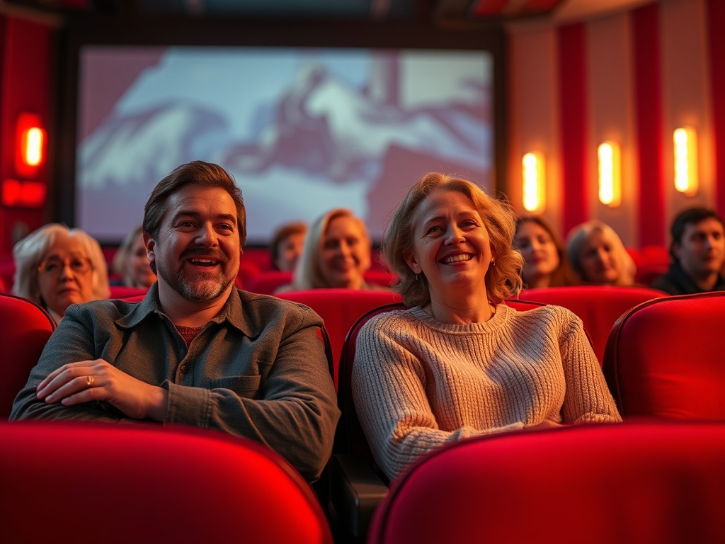 Кадр из кинотеатра: счастливые зрители смотрят фильм, сидя в красных креслах.
