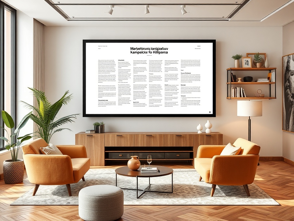 Современная гостиная с телевизором, держателем для растений и яркой мебелью. Стена с текстом.