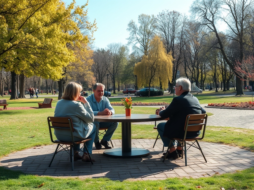 Четыре человека сидят за столом в парке, обсуждая что-то на фоне зелёных деревьев и цветущих кустарников.