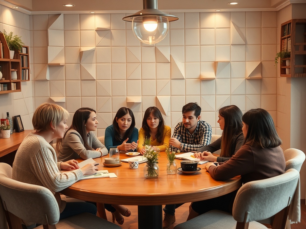 Группа людей обсуждает что-то важное за круглым столом в уютном помещении. На столе растения и напитки.