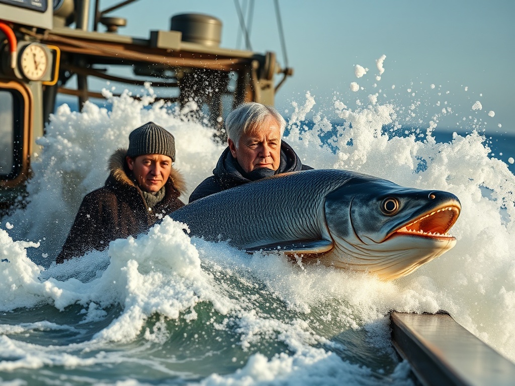 На фотографии два человека на лодке, держащие большую рыбу, вокруг бушуют волны.