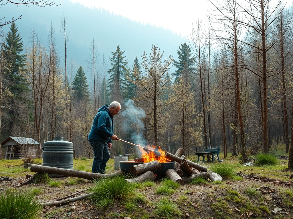 Мужчина разжигает огонь в лесу среди горы деревьев и кипящих котлов. Туман окутывает пейзаж.