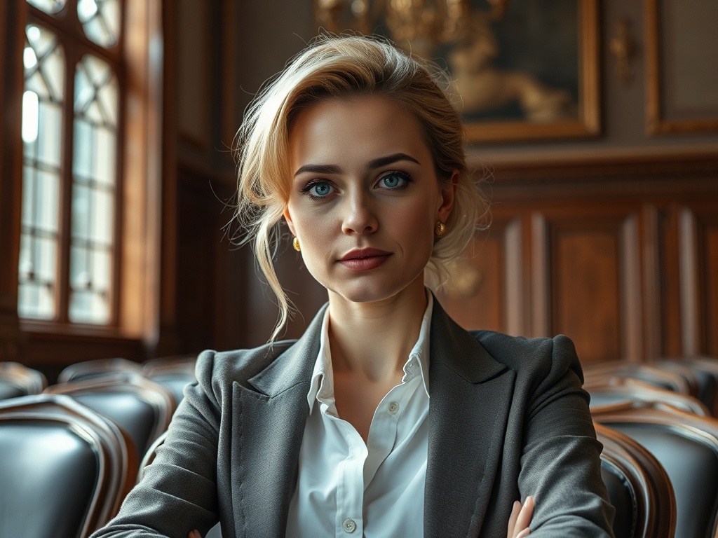 На фотографии серьезная женщина в деловом костюме, сидящая в роскошном помещении с деревянными элементами.