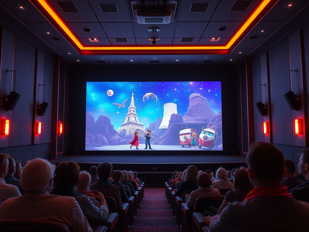 В кинотеатре показывают анимационный фильм с персонажами на фоне космического пейзажа.