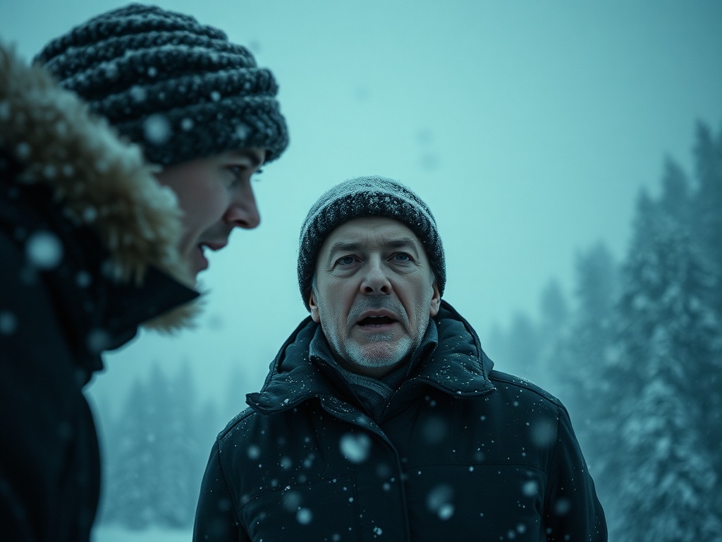 Два человека в зимней одежде говорят на фоне снежного леса. Снежинки падают вокруг.