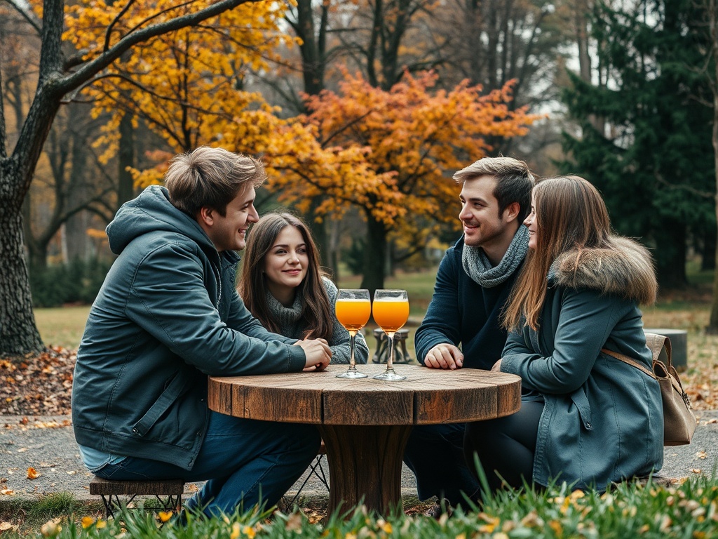 Четыре человека сидят за столом в парке, пьют оранжевый коктейль и весело беседуют на фоне осенних деревьев.