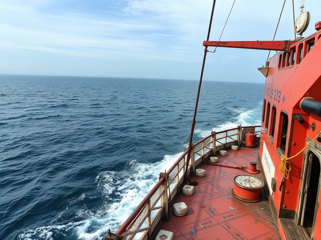 Красное судно на фоне безбрежного моря и ясного неба, оставляющее следы на водной глади.