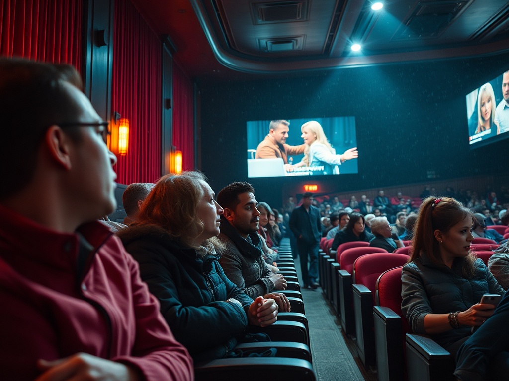 Зрители в зале наслаждаются мероприятием. На экране отображаются артисты в ходе выступления.