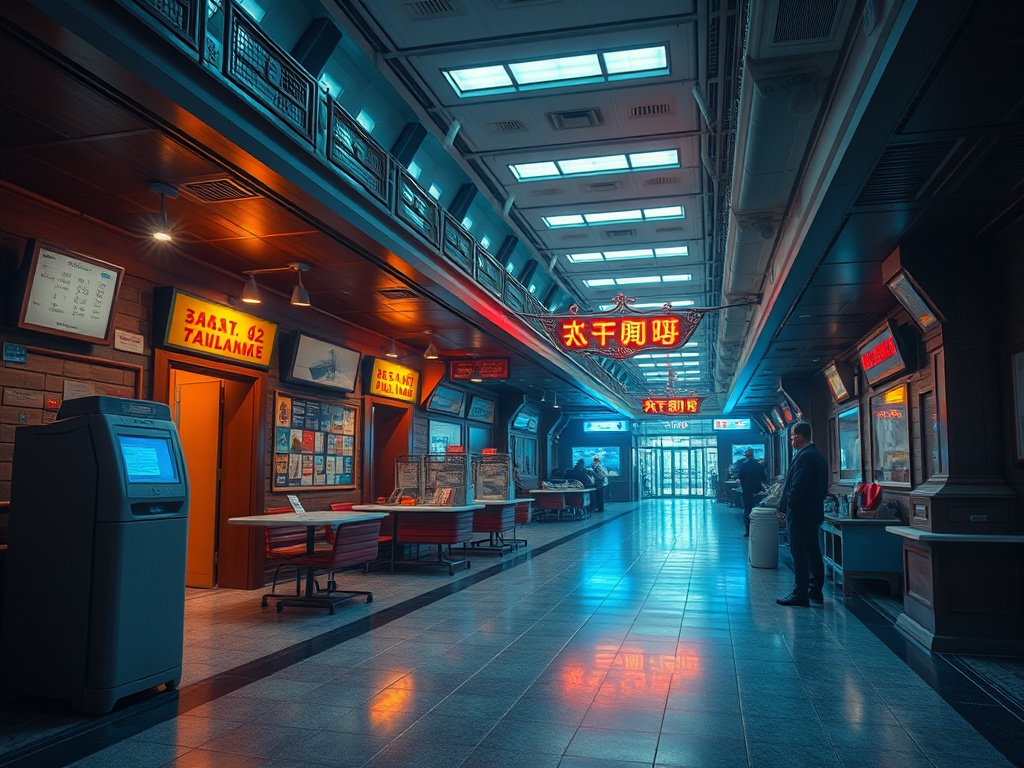 Станция с яркими вывесками на стенах, пустынный коридор и несколько людей в деловой одежде.