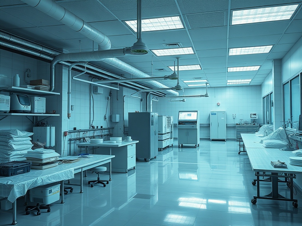 Современная лаборатория с чистыми столами и медицинским оборудованием в светлых тонах.
