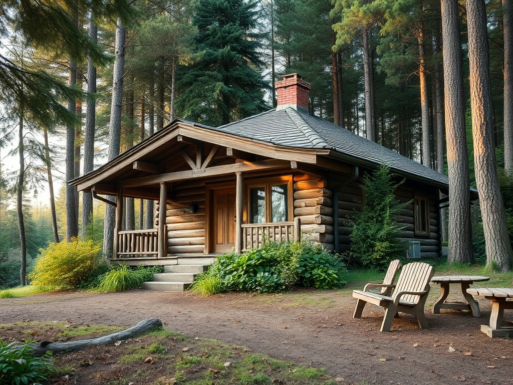 Деревянный домик в лесу с крыльцом и креслами, окружённый высокими деревьями и зеленью.