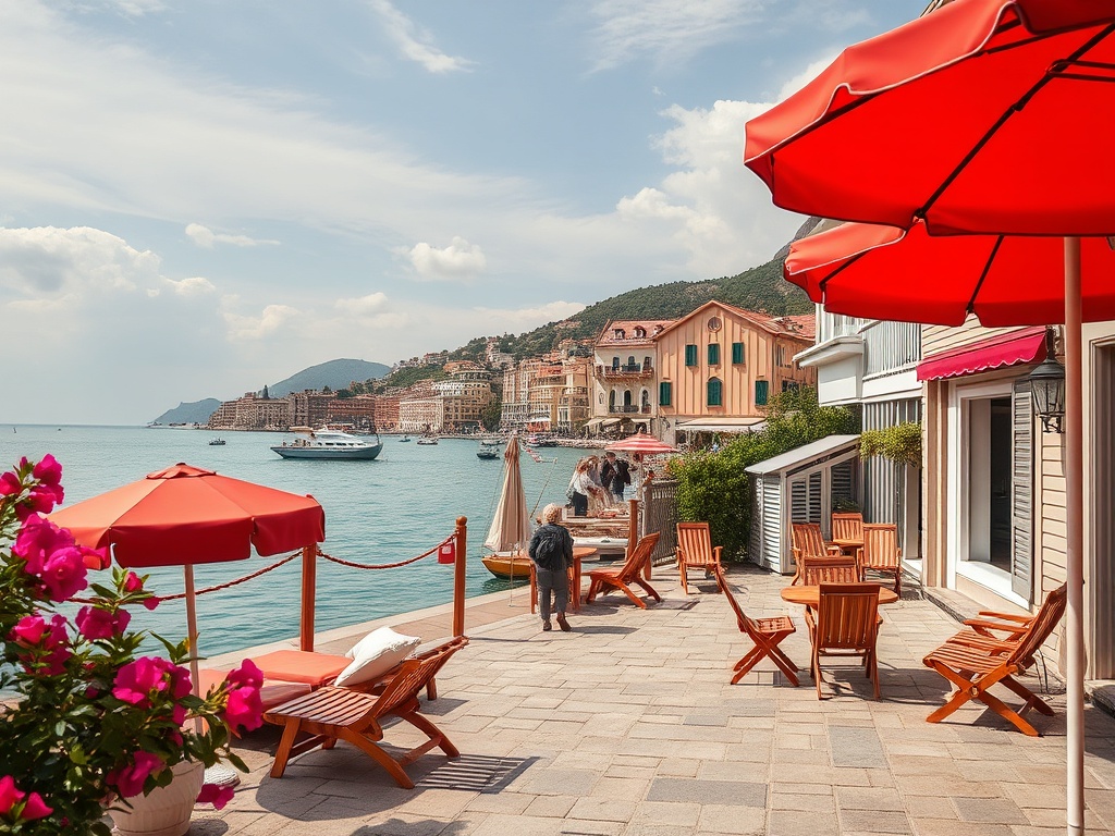 Уютная набережная с красными зонтиками, деревянными креслами и видом на море и город вдалеке.