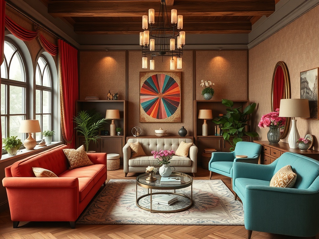 Современная гостиная с яркими диванами, стильными элементами и уютной атмосферой. Цветы и зелень создают уют.