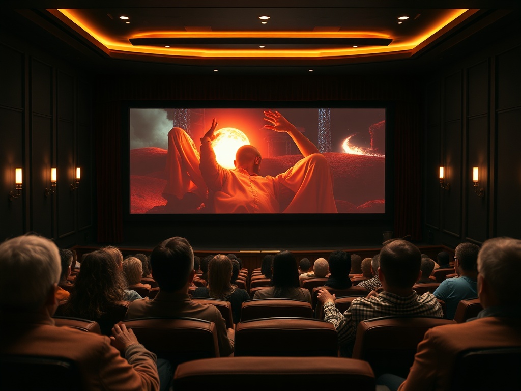 В кинотеатре зрители смотрят фильм с яркими космическими сценами на экране. Атмосфера захватывающая.