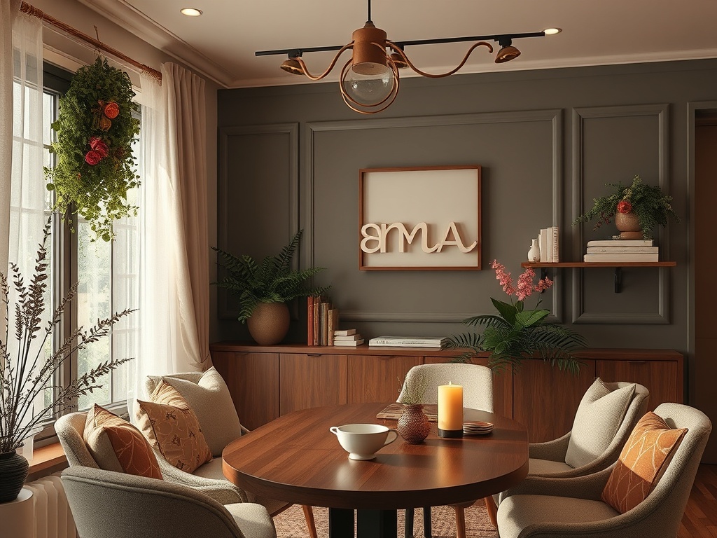 Светлая уютная гостиная с деревянной мебелью, растениями и свечой на столе. Стены оформлены в темных тонах.