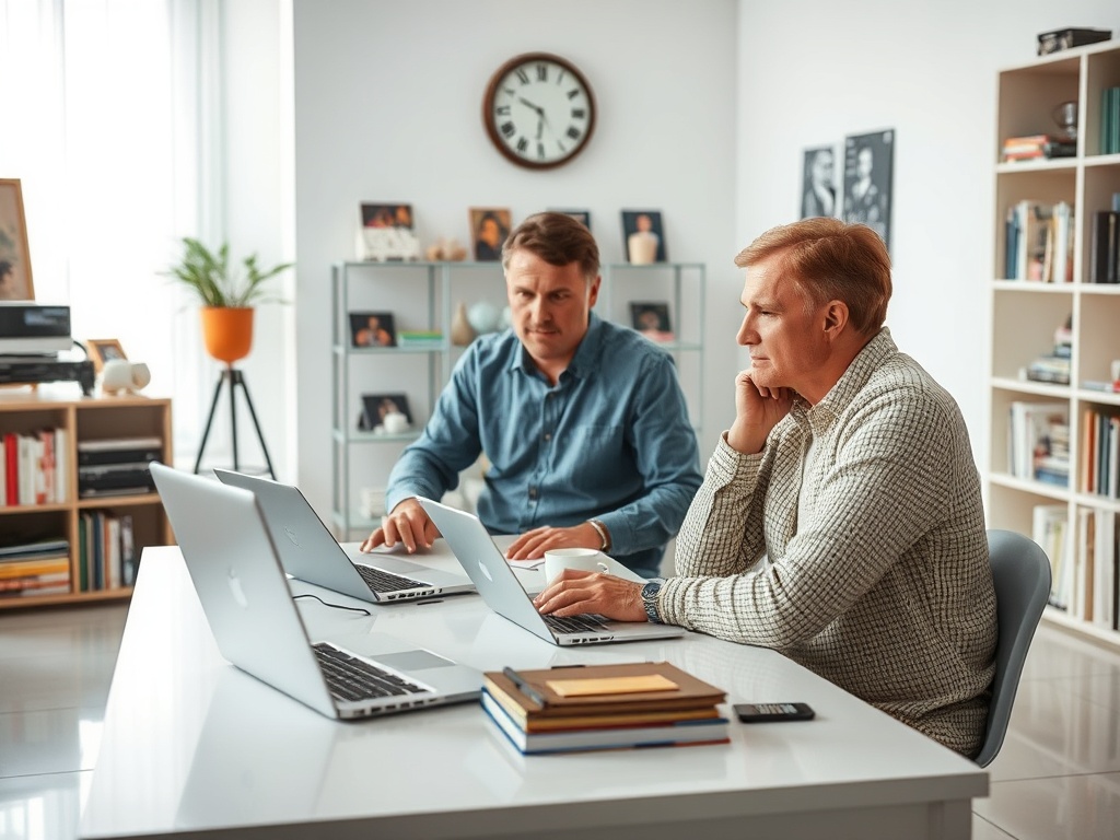 Два человека обсуждают работу за компьютерами в светлом офисе с книжными полками и часами на стене.