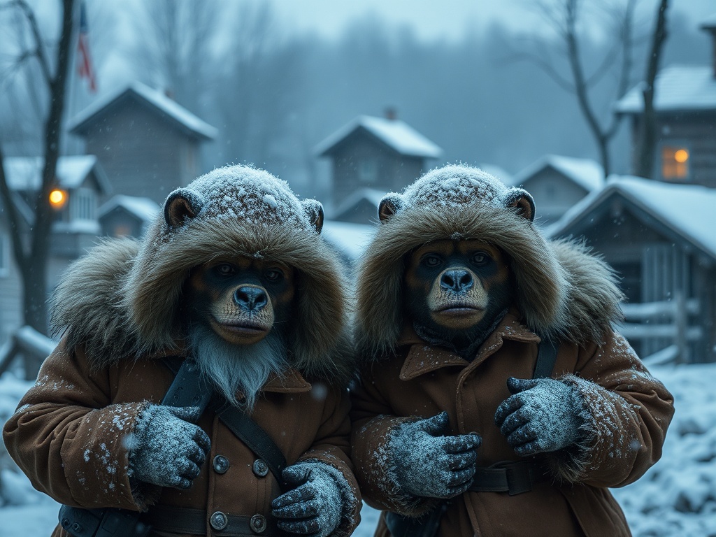 На изображении два человека с возглавами макак, одетые в зимние куртки, на фоне снежного пейзажа.