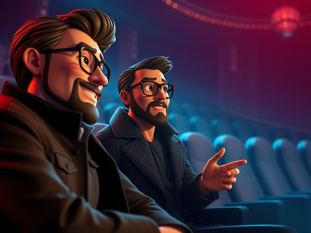 Два мужчины в очках улыбаются и обсуждают что-то в темном театре. Кресла пустые, атмосфера уютная.