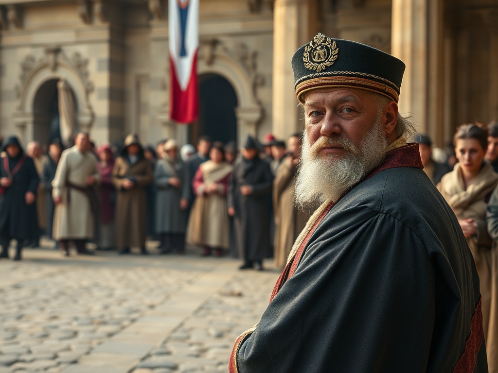 Досточтимый старец в роскошной одежде на фоне людей, ожидающих важного события на улице.