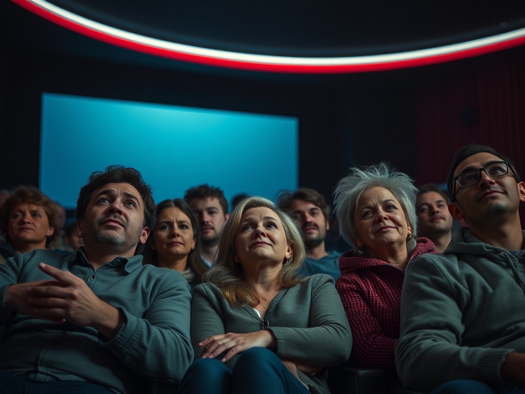 Группа людей в кинотеатре внимательно смотрит на экран, некоторые улыбаются. Атмосфера ожидания.