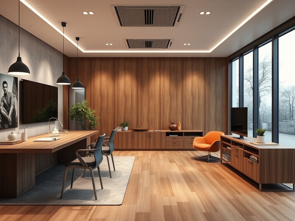 Современный офис с деревянными стенами, столом, креслом и большими окнами, пропускающими свет.