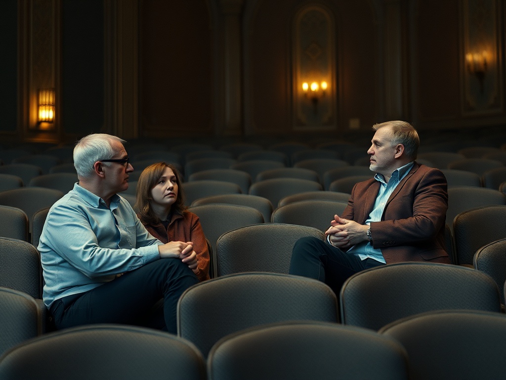 Трое людей ведут беседу в полупустом театре, яркий свет освещает их лица.