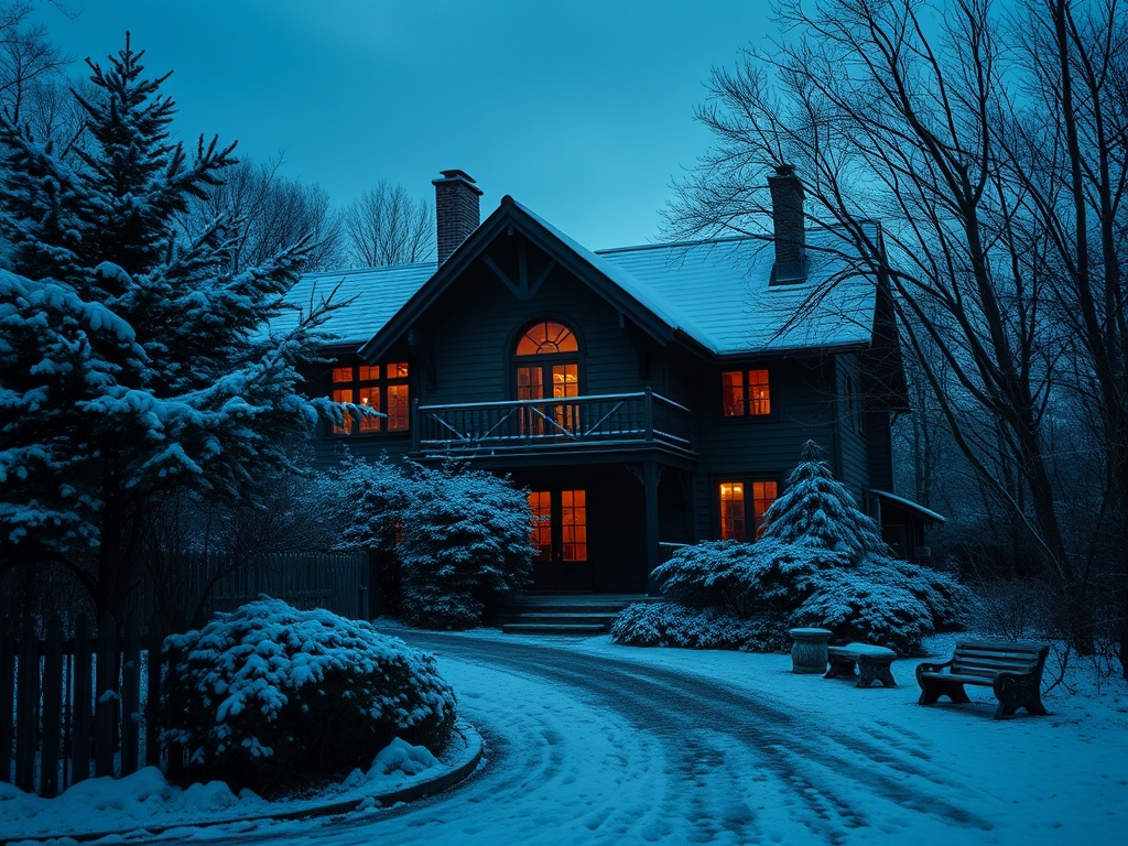 Зимний дом в тихом лесу, украшенный снегом, с горячим светом из окон, создающим уютную атмосферу.