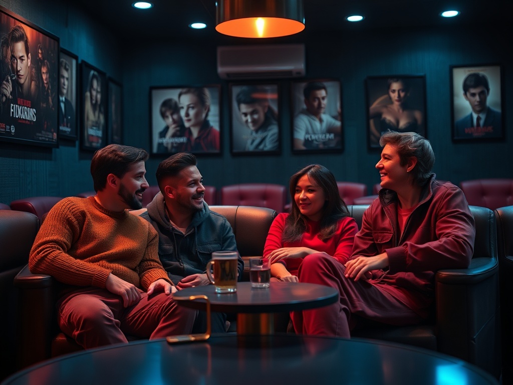 Четыре человека общаются в уютном помещении с кинофильмовыми постерами вокруг. Атмосфера дружеская и расслабленная.