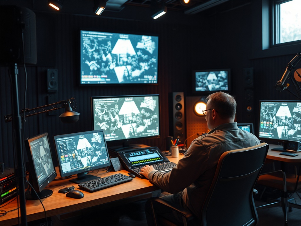 Мужчина за столом в студии, управляющий несколькими экранами с графиками и видео. Тёмная атмосфера.