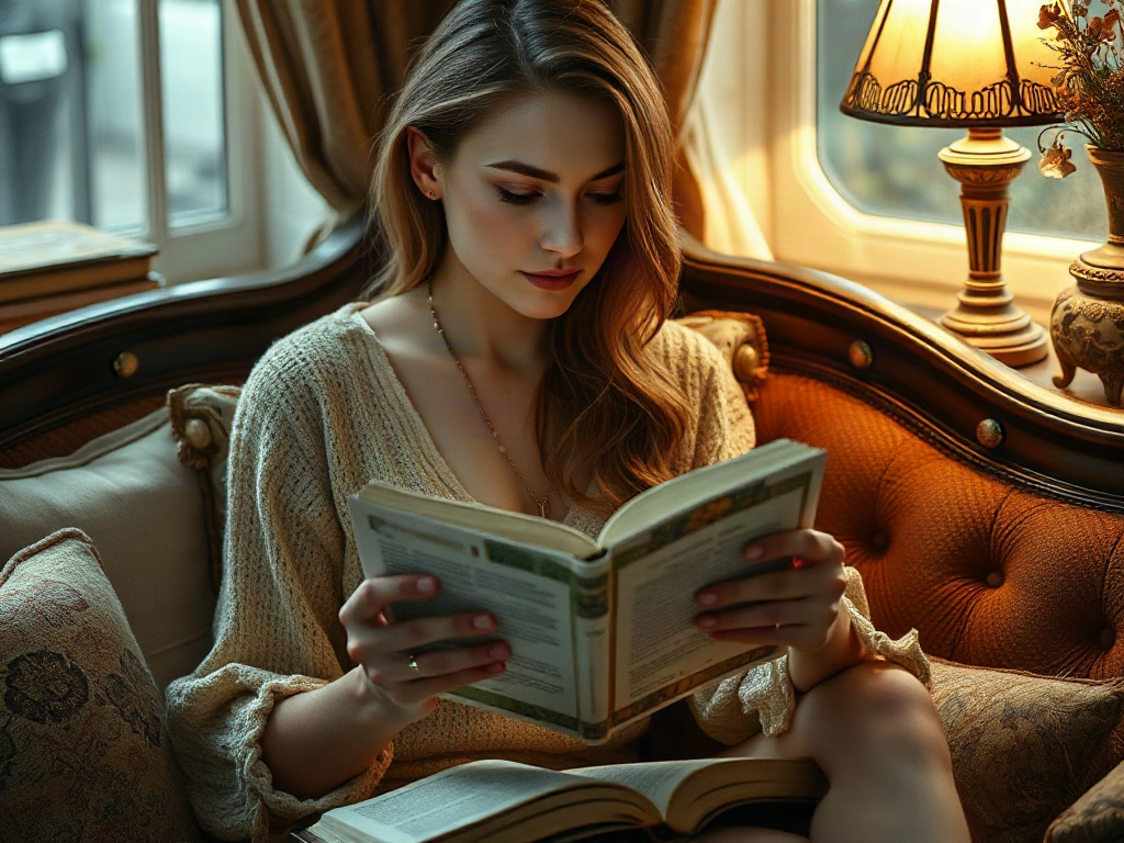 Молодая женщина читает книгу, сидя на диване у окна с уютным освещением лампы.