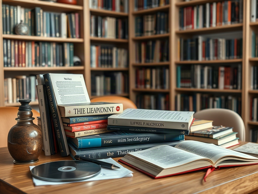 Стол с книгами и предметами: керамическая ваза, диск и открытая книга на фоне книжных полок.
